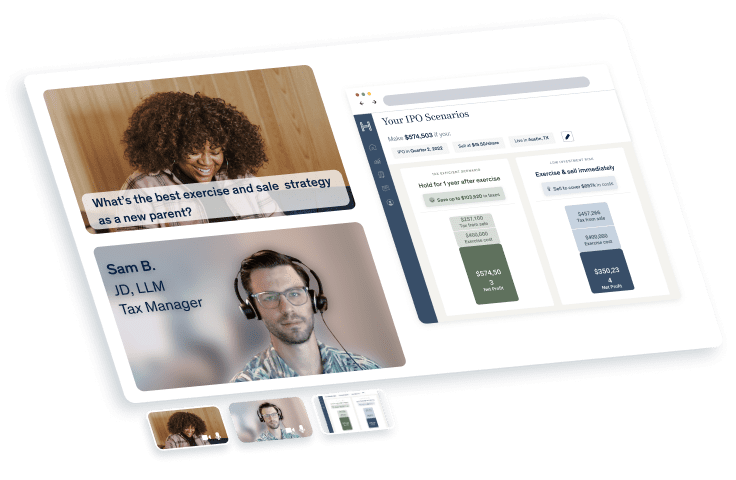 video call showing Harness Tax equity tax advisor session with IPO tax scenario planning of ISOs