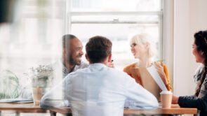 a business team meeting in an office setting