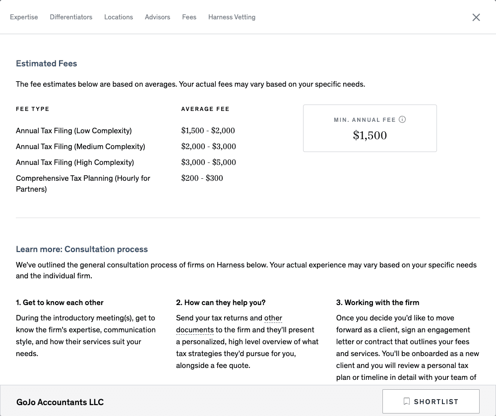 The Fees section of the Harness Client Portal lists the estimated fees for the various services your firm offers.