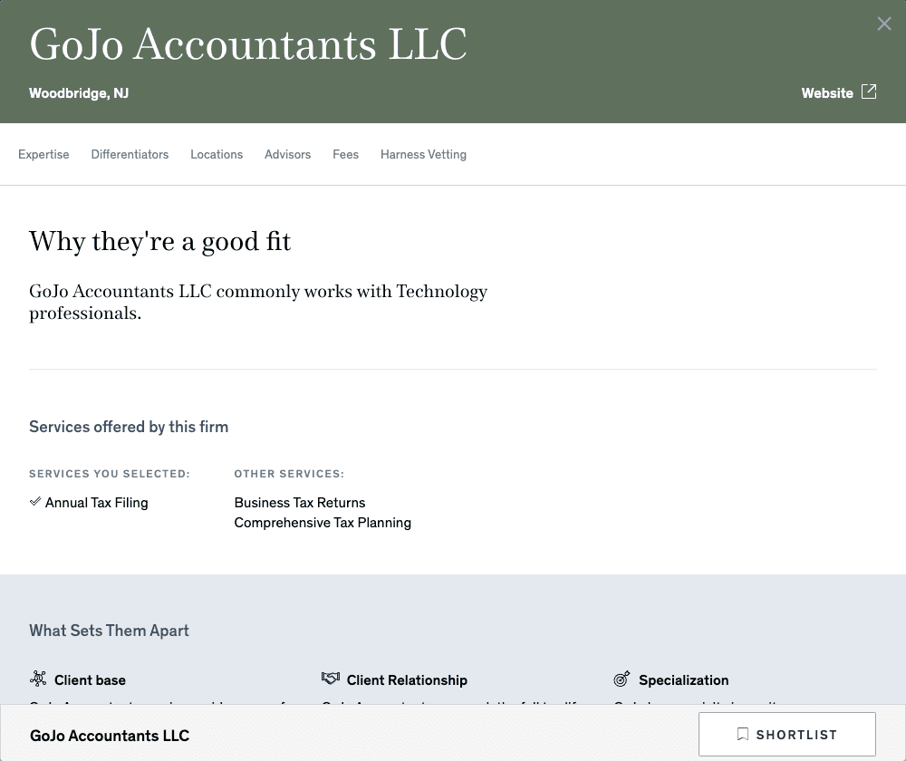 The Expertise section of the Harness Client Portal provides a high-level overview of why a tax firm is a good fit for a client, along with a link to the firm's website.