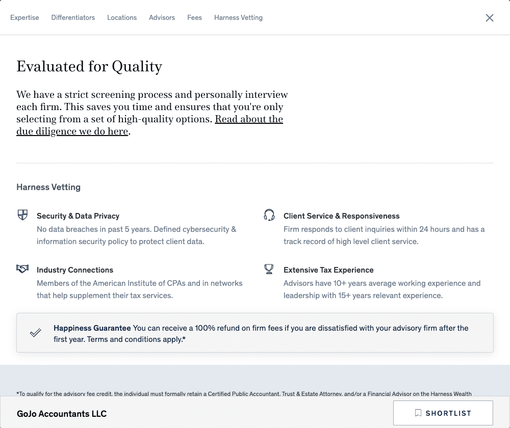The Harness Vetting section of the Harness Client Portal is a reminder to prospective clients that your firm was carefully vetted by the Harness team to meet the demanding needs of clients looking for comprehensive tax services.