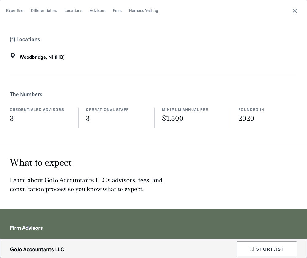 The Locations section of the Harness Client Portal shows where your firm is located, although you can serve clients remotely, along with additional details on the number of advisors and operational staff at your firm.